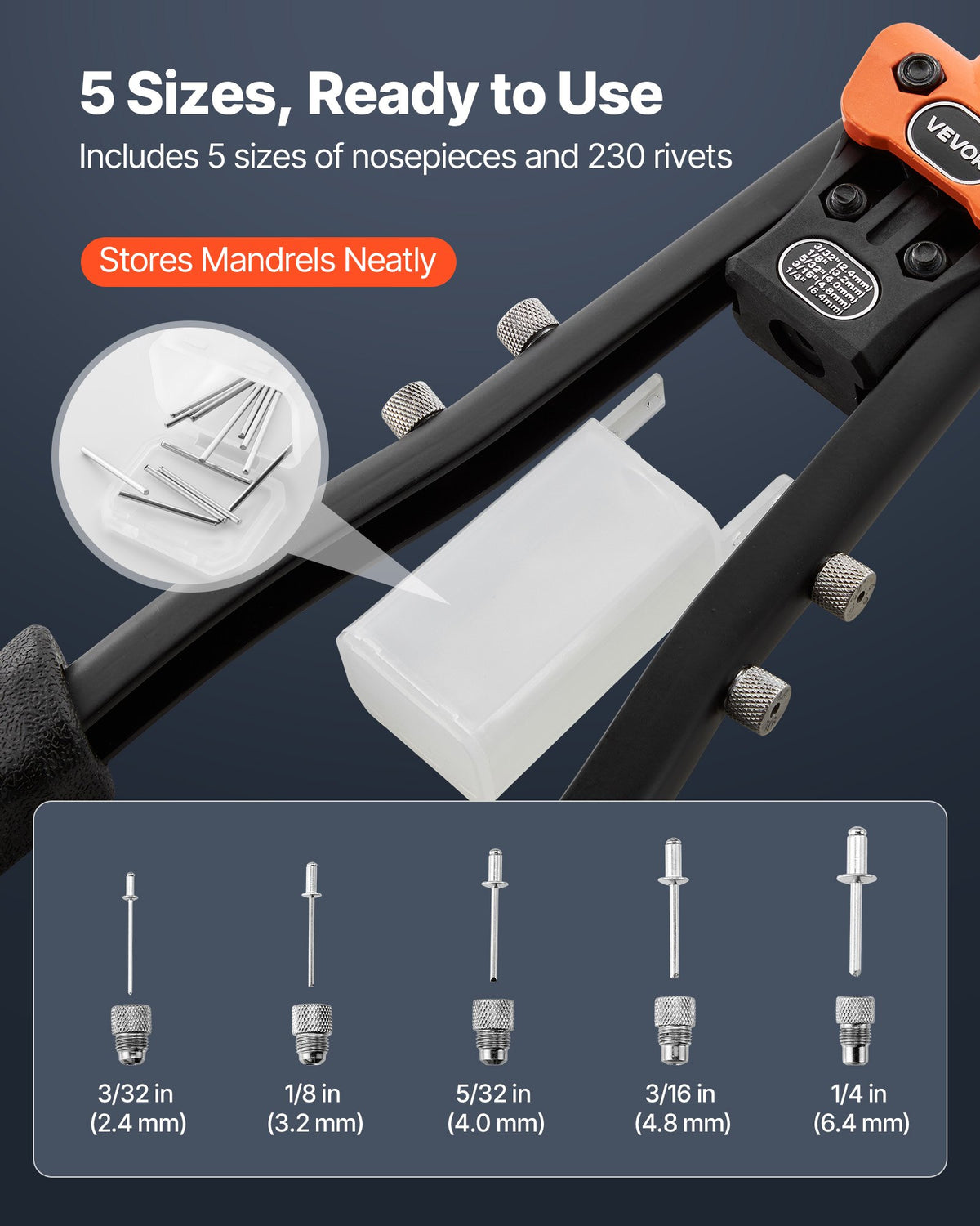 VEVOR Pop Rivet Gun Kit, with 230 Blind Rivets, Two-Handed Riveter with 5 Interchangeable Nosepieces, 5 Drill Bits, and a Carrying Case, Manual Riveting Tool for Metal, Automotive, Home, and DIY - CXLMQSBS16YCYDM9H001V0 - view 3