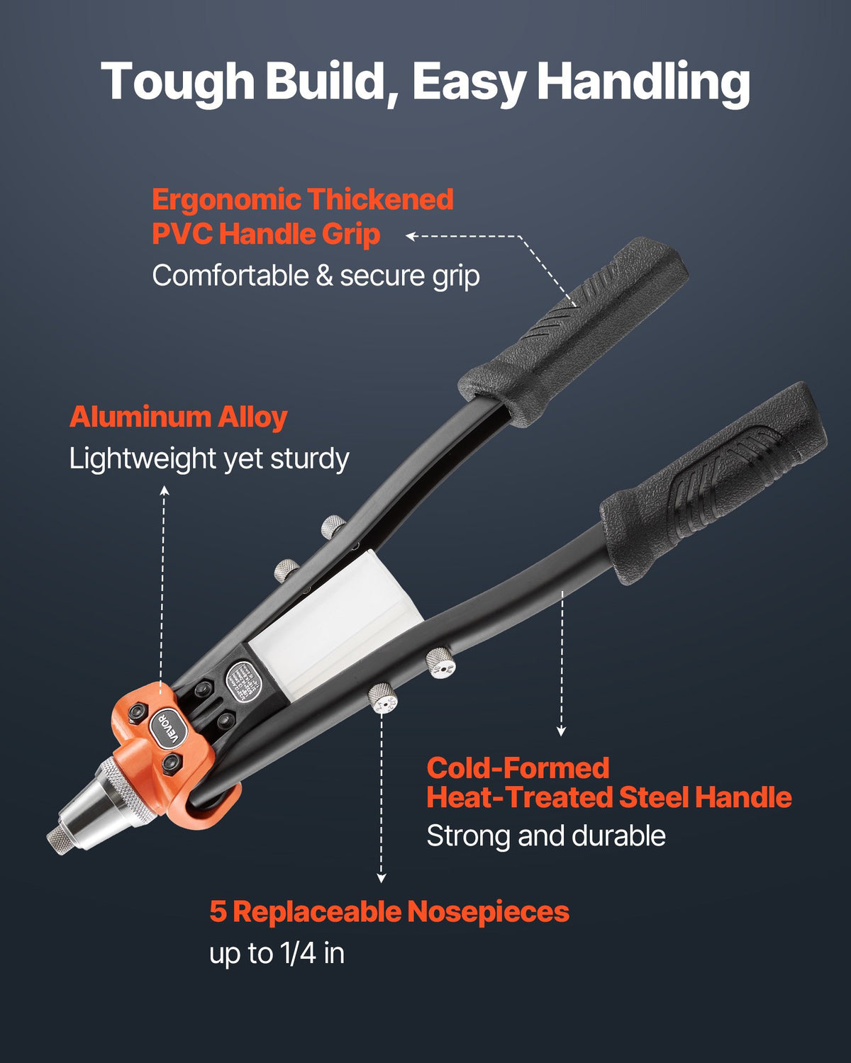 VEVOR Pop Rivet Gun Kit, with 230 Blind Rivets, Two-Handed Riveter with 5 Interchangeable Nosepieces, 5 Drill Bits, and a Carrying Case, Manual Riveting Tool for Metal, Automotive, Home, and DIY - CXLMQSBS16YCYDM9H001V0 - view 4