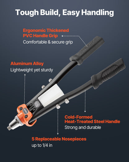 VEVOR Pop Rivet Gun Kit, with 230 Blind Rivets, Two-Handed Riveter with 5 Interchangeable Nosepieces, 5 Drill Bits, and a Carrying Case, Manual Riveting Tool for Metal, Automotive, Home, and DIY - CXLMQSBS16YCYDM9H001V0 - view 4