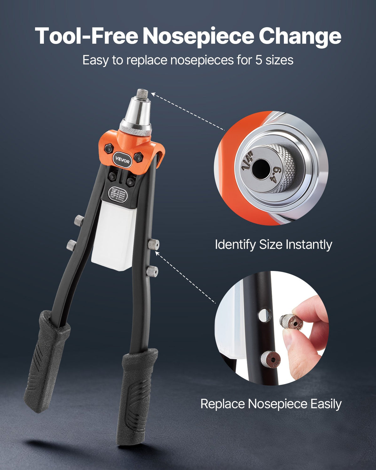 VEVOR Pop Rivet Gun Kit, with 230 Blind Rivets, Two-Handed Riveter with 5 Interchangeable Nosepieces, 5 Drill Bits, and a Carrying Case, Manual Riveting Tool for Metal, Automotive, Home, and DIY - CXLMQSBS16YCYDM9H001V0 - view 5