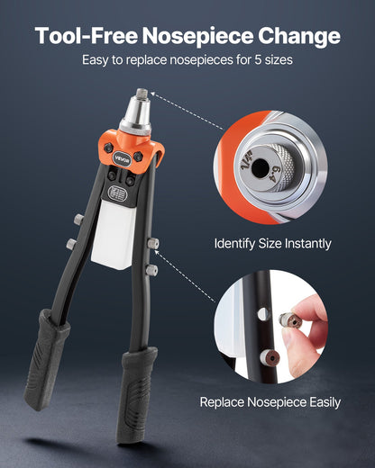 VEVOR Pop Rivet Gun Kit, with 230 Blind Rivets, Two-Handed Riveter with 5 Interchangeable Nosepieces, 5 Drill Bits, and a Carrying Case, Manual Riveting Tool for Metal, Automotive, Home, and DIY - CXLMQSBS16YCYDM9H001V0 - view 5