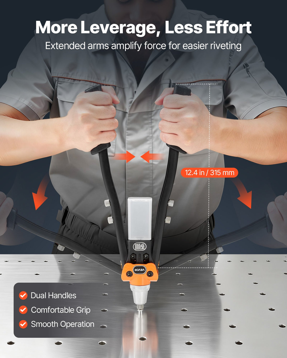 VEVOR Pop Rivet Gun Kit, with 230 Blind Rivets, Two-Handed Riveter with 5 Interchangeable Nosepieces, 5 Drill Bits, and a Carrying Case, Manual Riveting Tool for Metal, Automotive, Home, and DIY - CXLMQSBS16YCYDM9H001V0 - view 6