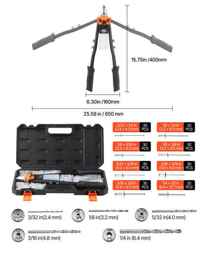 VEVOR Pop Rivet Gun Kit, with 230 Blind Rivets, Two-Handed Riveter with 5 Interchangeable Nosepieces, 5 Drill Bits, and a Carrying Case, Manual Riveting Tool for Metal, Automotive, Home, and DIY - CXLMQSBS16YCYDM9H001V0 - view 8