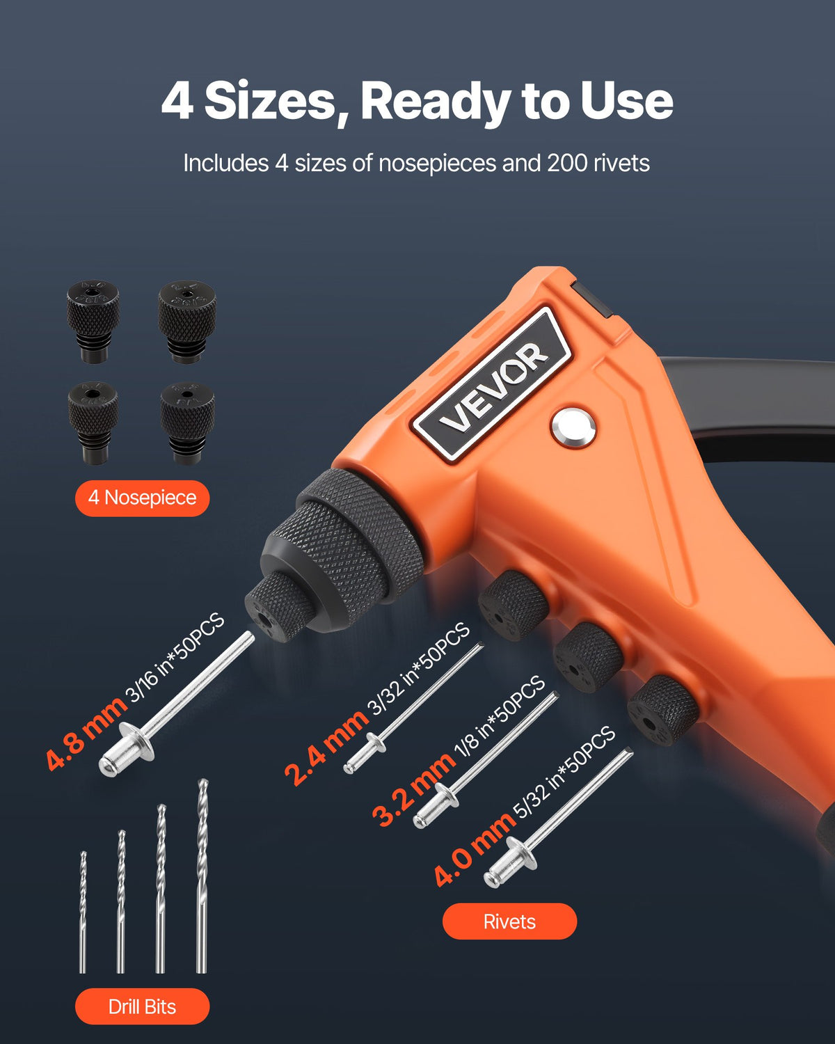 VEVOR Pop Rivet Gun Kit, with 200 Blind Rivets, Heavy Duty Single Hand Riveter with 4 Interchangeable Nosepieces, 4 Drill Bits, and a Carrying Case, Manual Riveting Tool for Metal, Automotive, Home - CXLMQZXDBS9I9P08D001V0 - view 3