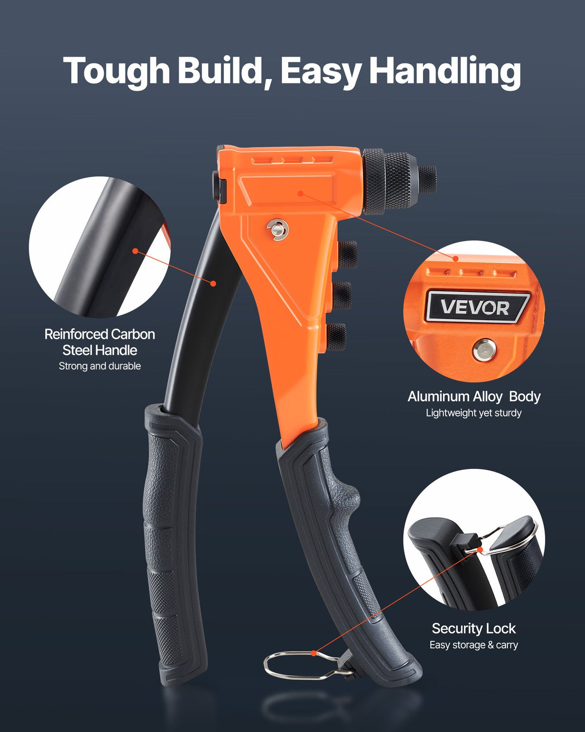 VEVOR Pop Rivet Gun Kit, with 200 Blind Rivets, Heavy Duty Single Hand Riveter with 4 Interchangeable Nosepieces, 4 Drill Bits, and a Carrying Case, Manual Riveting Tool for Metal, Automotive, Home - CXLMQZXDBS9I9P08D001V0 - view 4