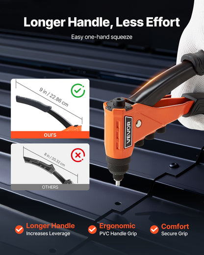 VEVOR Pop Rivet Gun Kit, with 200 Blind Rivets, Heavy Duty Single Hand Riveter with 4 Interchangeable Nosepieces, 4 Drill Bits, and a Carrying Case, Manual Riveting Tool for Metal, Automotive, Home - CXLMQZXDBS9I9P08D001V0 - view 5