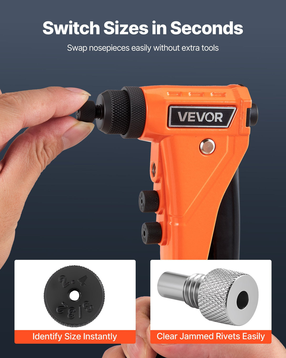 VEVOR Pop Rivet Gun Kit, with 200 Blind Rivets, Heavy Duty Single Hand Riveter with 4 Interchangeable Nosepieces, 4 Drill Bits, and a Carrying Case, Manual Riveting Tool for Metal, Automotive, Home - CXLMQZXDBS9I9P08D001V0 - view 6