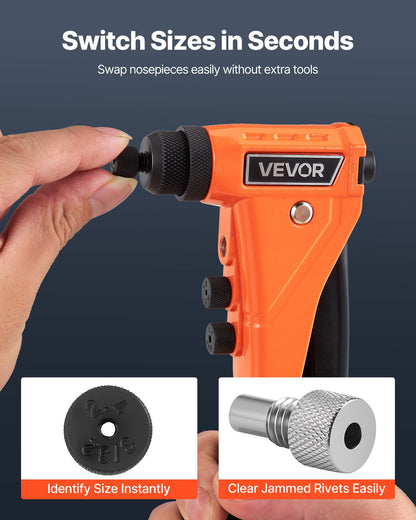 VEVOR Pop Rivet Gun Kit, with 200 Blind Rivets, Heavy Duty Single Hand Riveter with 4 Interchangeable Nosepieces, 4 Drill Bits, and a Carrying Case, Manual Riveting Tool for Metal, Automotive, Home - CXLMQZXDBS9I9P08D001V0 - view 6
