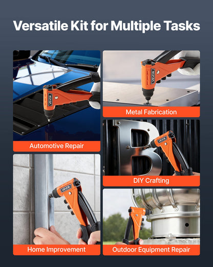 VEVOR Pop Rivet Gun Kit, with 200 Blind Rivets, Heavy Duty Single Hand Riveter with 4 Interchangeable Nosepieces, 4 Drill Bits, and a Carrying Case, Manual Riveting Tool for Metal, Automotive, Home - CXLMQZXDBS9I9P08D001V0 - view 7