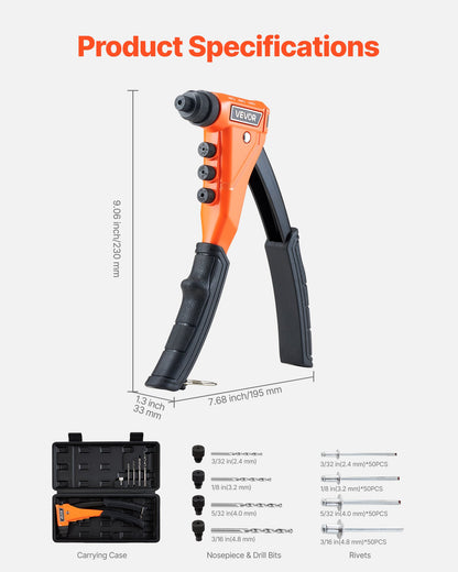 VEVOR Pop Rivet Gun Kit, with 200 Blind Rivets, Heavy Duty Single Hand Riveter with 4 Interchangeable Nosepieces, 4 Drill Bits, and a Carrying Case, Manual Riveting Tool for Metal, Automotive, Home - CXLMQZXDBS9I9P08D001V0 - view 8