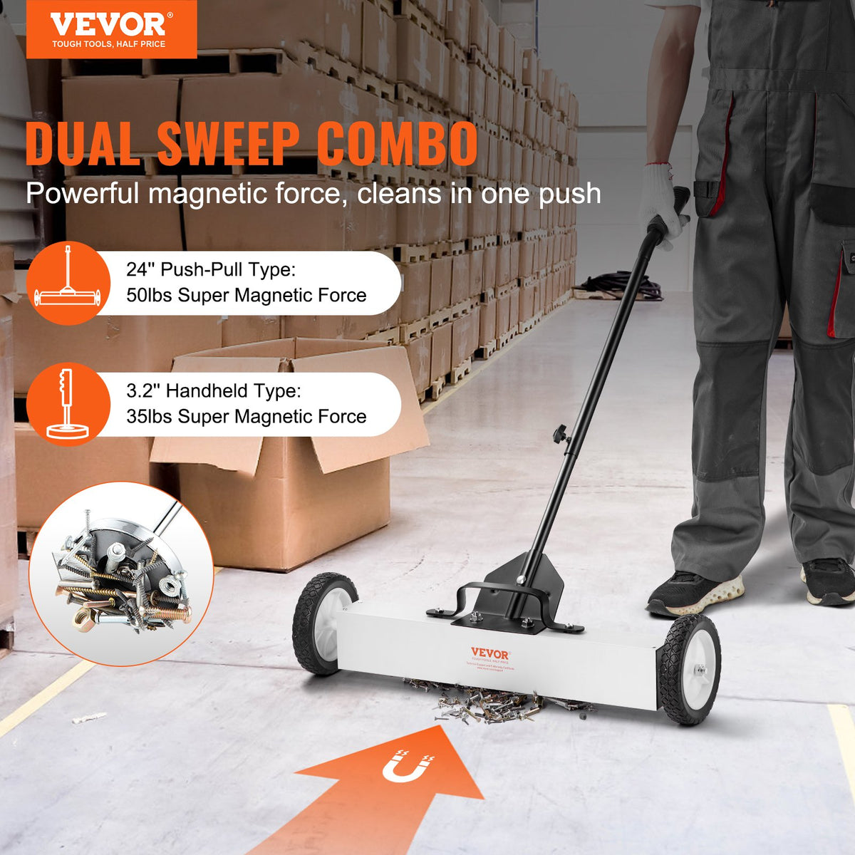 VEVOR 24-Inch Magnetic Sweeper with Wheels, 50 lbs Capacity, with Telescoping Magnetic Pickup Tool, Adjustable Handle, Magnetic Pickup Sweeper to Pick Up Nails and Screws, for Workshop, Garage, Yard - CXQSQTZ2432IGCPZVV0 - view 3