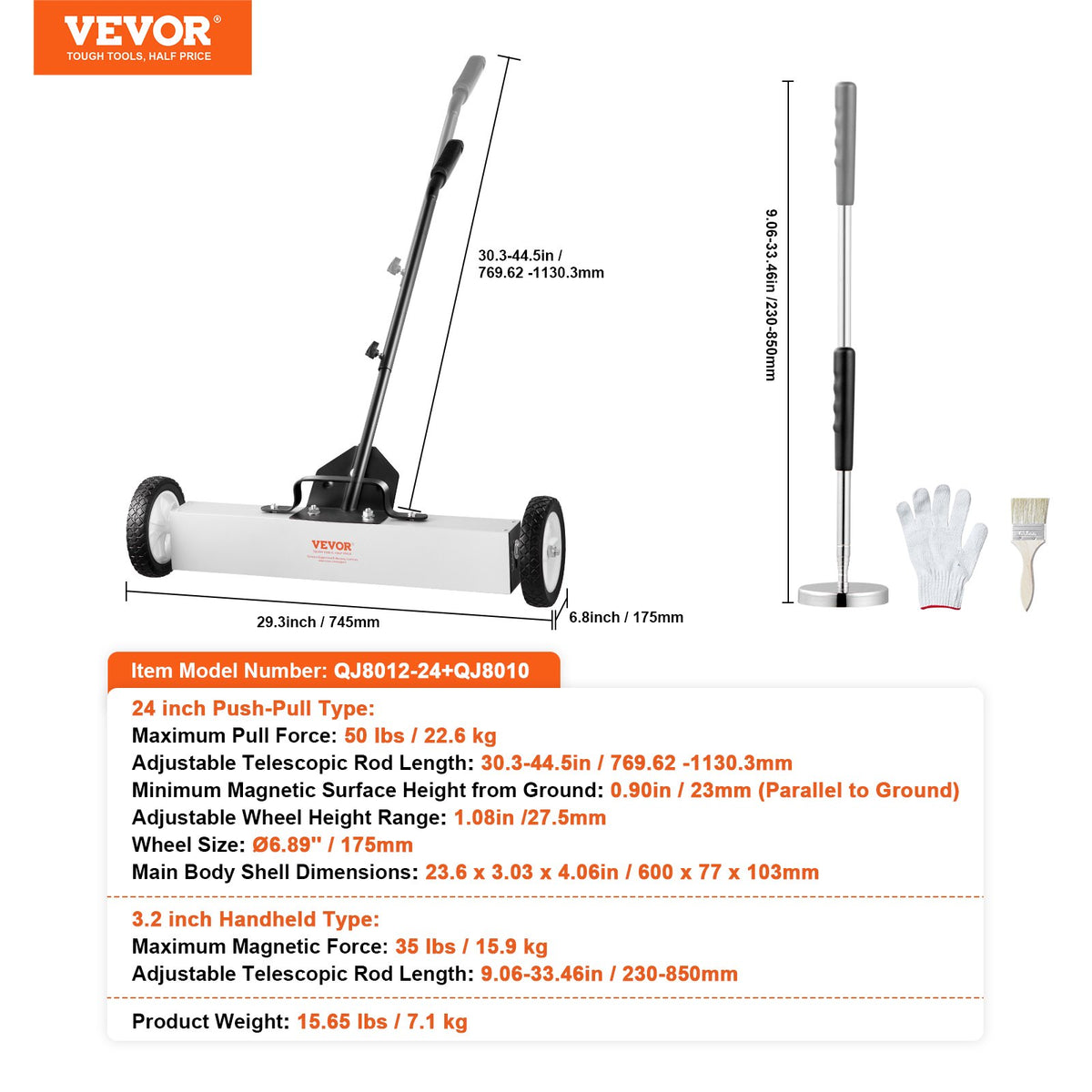 VEVOR 24-Inch Magnetic Sweeper with Wheels, 50 lbs Capacity, with Telescoping Magnetic Pickup Tool, Adjustable Handle, Magnetic Pickup Sweeper to Pick Up Nails and Screws, for Workshop, Garage, Yard - CXQSQTZ2432IGCPZVV0 - view 8