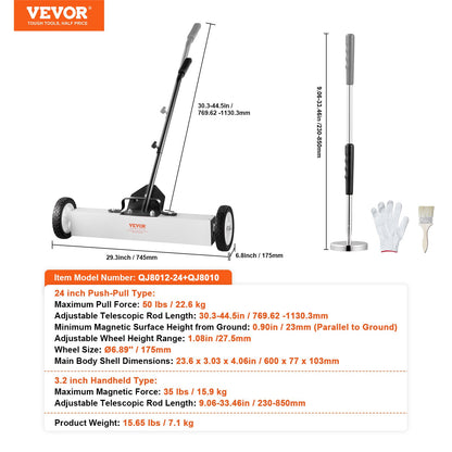 VEVOR 24-Inch Magnetic Sweeper with Wheels, 50 lbs Capacity, with Telescoping Magnetic Pickup Tool, Adjustable Handle, Magnetic Pickup Sweeper to Pick Up Nails and Screws, for Workshop, Garage, Yard - CXQSQTZ2432IGCPZVV0 - view 8