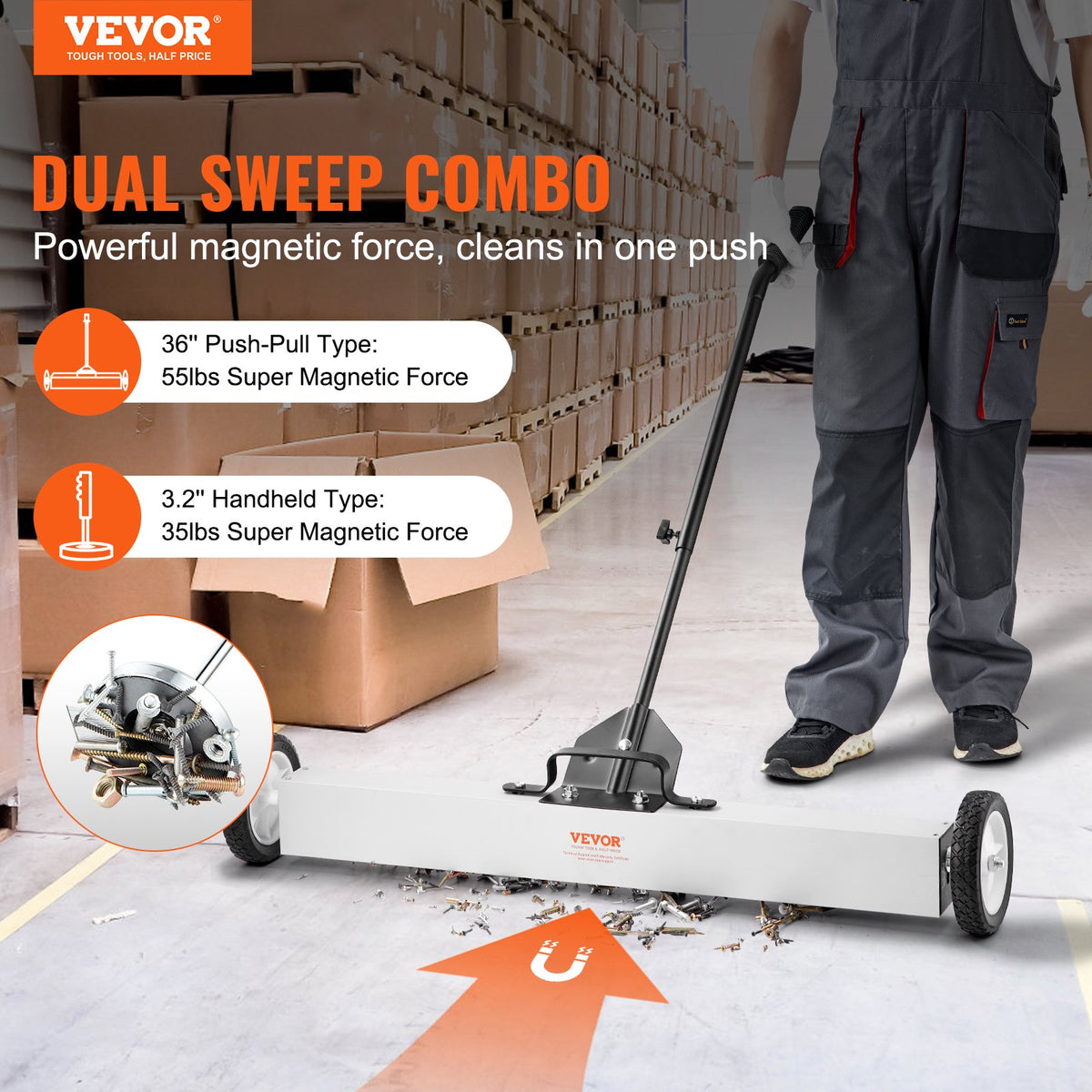 VEVOR 36-Inch Magnetic Sweeper with Wheels, 55 lbs Capacity, with Telescoping Magnetic Pickup Tool, Adjustable Handle, Magnetic Pickup Sweeper to Pick Up Nails and Screws, for Workshop, Garage, Yard - CXQSQTZ3632I3TYDJV0 - view 3