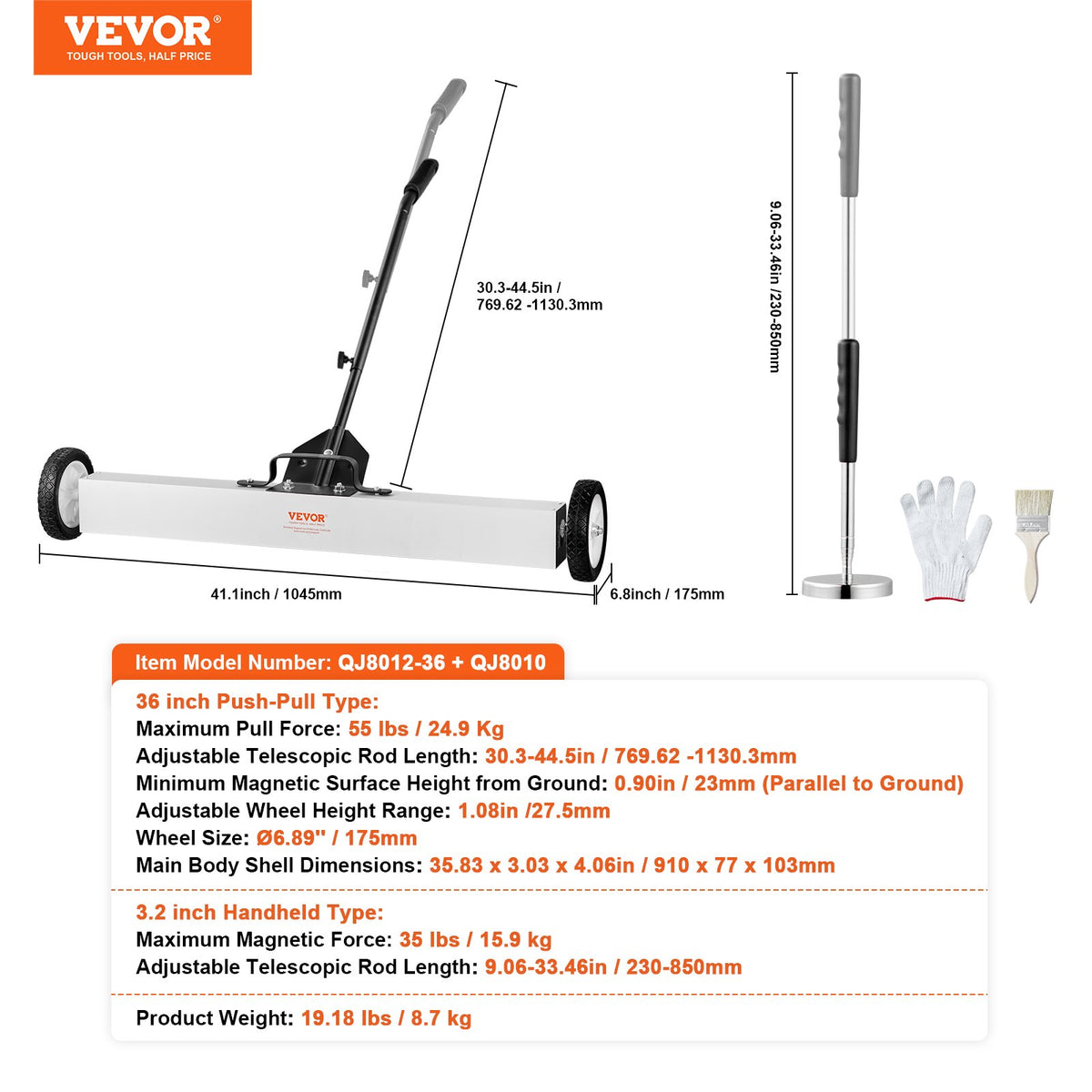 VEVOR 36-Inch Magnetic Sweeper with Wheels, 55 lbs Capacity, with Telescoping Magnetic Pickup Tool, Adjustable Handle, Magnetic Pickup Sweeper to Pick Up Nails and Screws, for Workshop, Garage, Yard - CXQSQTZ3632I3TYDJV0 - view 8