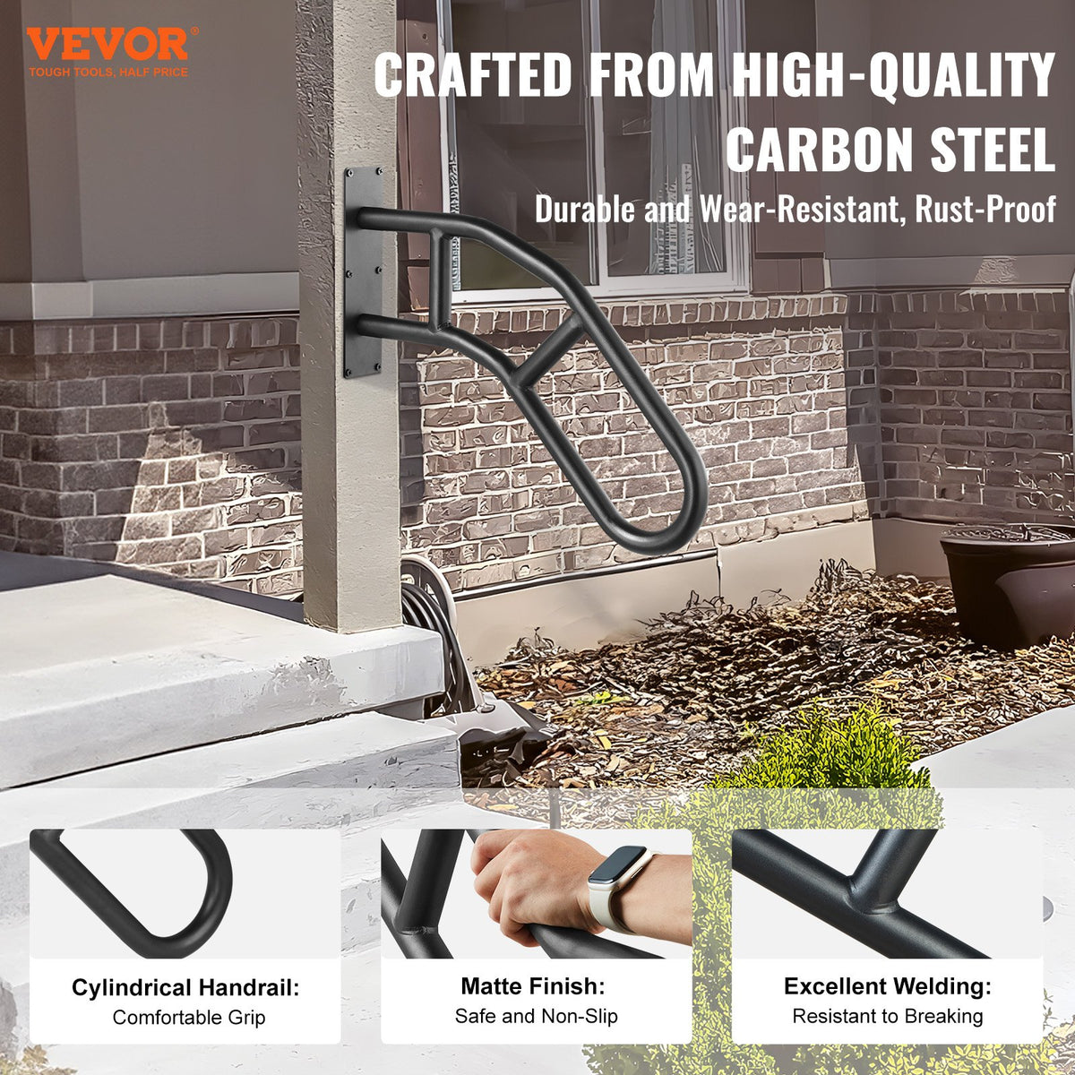 VEVOR Handrails for Outdoor Steps, 29" Length Wall Mount Safety Railings for 1-3 Steps, U-Shaped Handrail with Matte Black Finished, Stair Handrails for Kids, Elderly, Pregnant Women, Disabled - CXSBSHS29IN1ZXJLBV0 - view 3