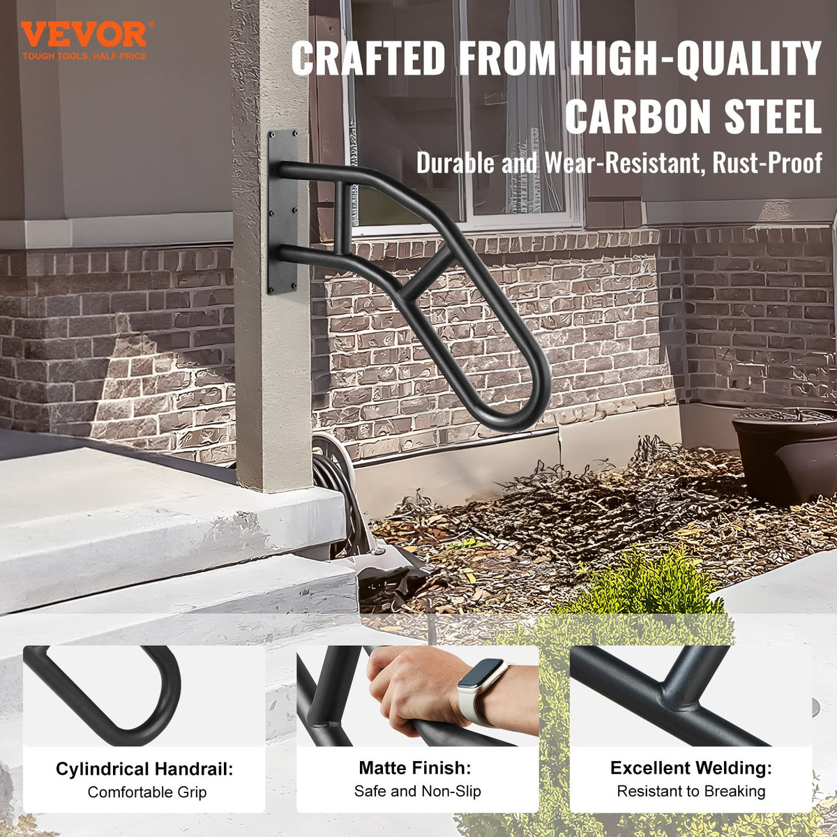 VEVOR Handrails for Outdoor Steps, 32" Length Wall Mount Safety Railings for 1-3 Steps, U-Shaped Handrail with Matte Black Finished, Stair Handrails for Kids, Elderly, Pregnant Women, Disabled - CXSBSHS32IN1Q0NRVV0 - view 3