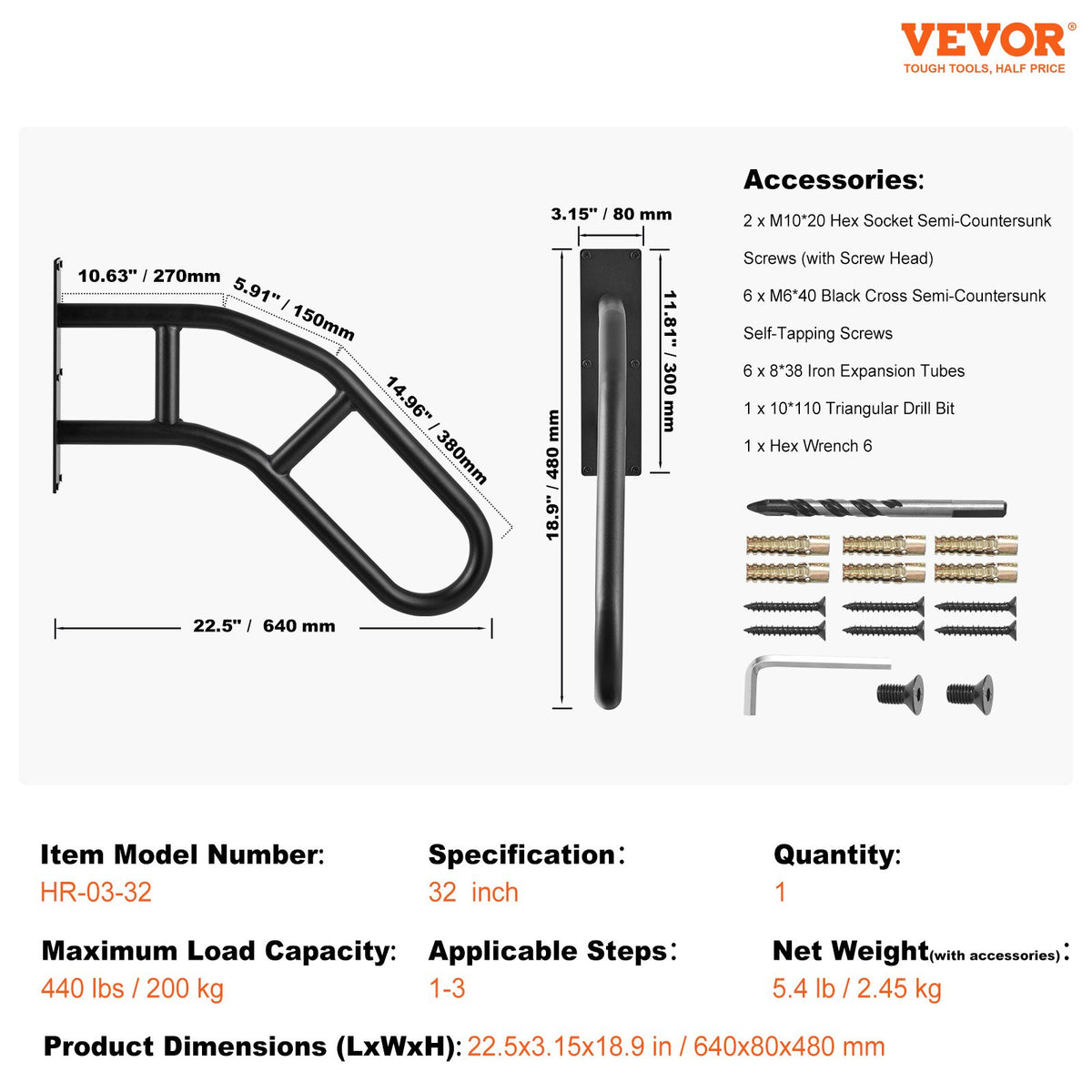 VEVOR Handrails for Outdoor Steps, 32" Length Wall Mount Safety Railings for 1-3 Steps, U-Shaped Handrail with Matte Black Finished, Stair Handrails for Kids, Elderly, Pregnant Women, Disabled - CXSBSHS32IN1Q0NRVV0 - view 8