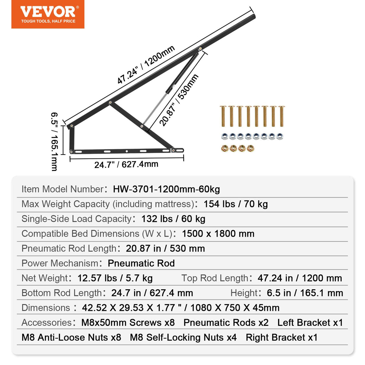 VEVOR Bed Lift, 59x71 in Compatible Bed Size 154 lbs Load Bearing, DIY Wall Bed Mechanical Hardware Kit Vertical Deluxe, Pneumatic Lever Heavy Duty Bed Support, Folding Wall Bed for Guestroom - CXSJQ1200MM6MX09VV0 - view 8