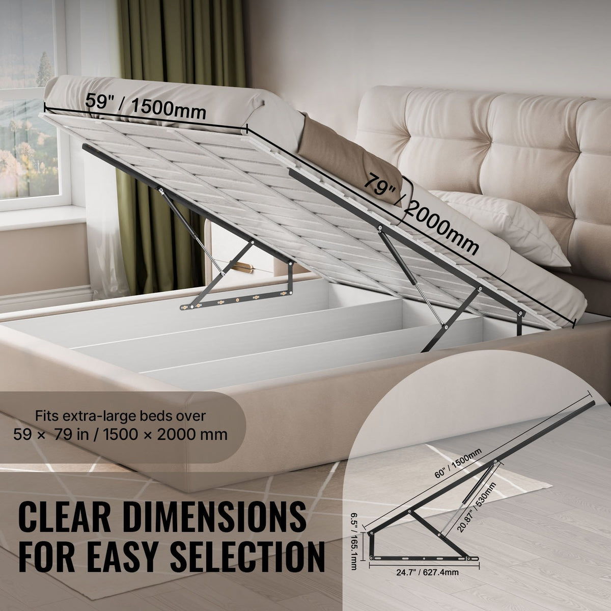 VEVOR Bed Lift, 59x79 in Compatible Extra-large Size 309 lbs Load Bearing, DIY Wall Bed Mechanical Hardware Kit Vertical Deluxe, Pneumatic Lever Heavy Duty Support, Folding for Guestroom - CXSJQ1500MM1A79I8V0 - view 4