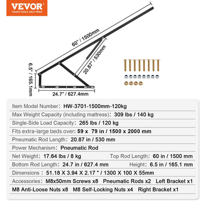 VEVOR Bed Lift, 59x79 in Compatible Extra-large Size 309 lbs Load Bearing, DIY Wall Bed Mechanical Hardware Kit Vertical Deluxe, Pneumatic Lever Heavy Duty Support, Folding for Guestroom - CXSJQ1500MM1A79I8V0 - view 8