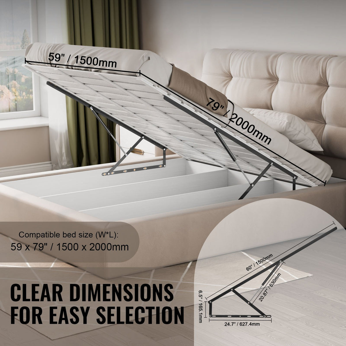 VEVOR Bed Lift, 59x79 in Compatible Bed Size 265 lbs Load Bearing, DIY Wall Bed Mechanical Hardware Kit Vertical Deluxe, Pneumatic Lever Heavy Duty Bed Support, Folding Wall Bed for Guestroom - CXSJQ1500MM9808RRV0 - view 4