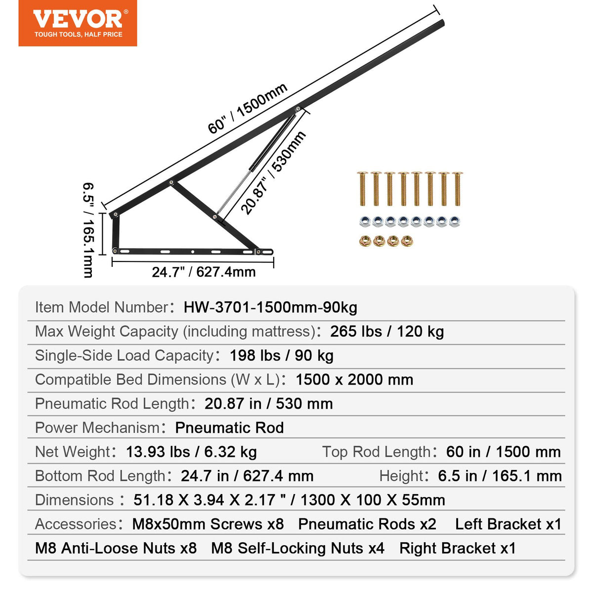 VEVOR Bed Lift, 59x79 in Compatible Bed Size 265 lbs Load Bearing, DIY Wall Bed Mechanical Hardware Kit Vertical Deluxe, Pneumatic Lever Heavy Duty Bed Support, Folding Wall Bed for Guestroom - CXSJQ1500MM9808RRV0 - view 8