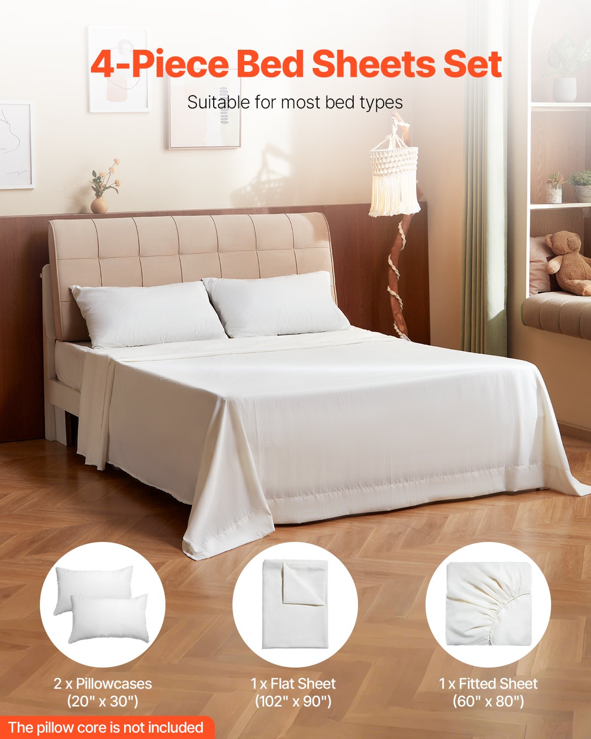 VEVOR 4-Piece Bed Sheet Set - Queen Size, 100% Brushed Microfiber Bedding Set with 2 Pillowcases, 1 Flat Sheet & 1 Fitted Sheet, Breathable & Wrinkle-Resistant Luxury Bed Sheets with 16" Deep Pocket - CXXWCDTZ4JQU9WJS5V0 - view 3