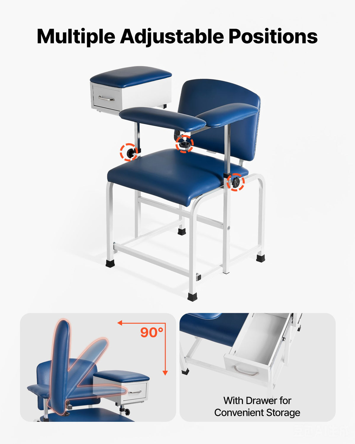 VEVOR Phlebotomy Chair 500LBS Blood Draw Medical Chair with Drawer, Comfortable Blood Drawing Chairs with Adjustable Armrests, Soft Padded Seat, Easy-to-Clean PVC Leather for Hospitals Clinics - CXYCXYZYFSFZLIEK8001V0 - view 6