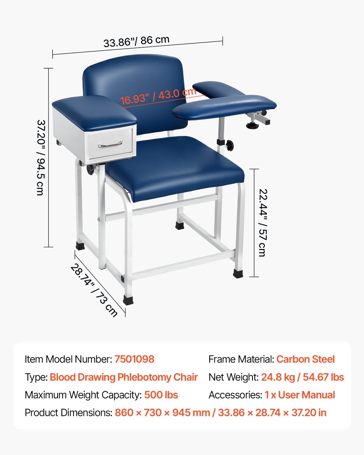 VEVOR Phlebotomy Chair 500LBS Blood Draw Medical Chair with Drawer, Comfortable Blood Drawing Chairs with Adjustable Armrests, Soft Padded Seat, Easy-to-Clean PVC Leather for Hospitals Clinics - CXYCXYZYFSFZLIEK8001V0 - view 8