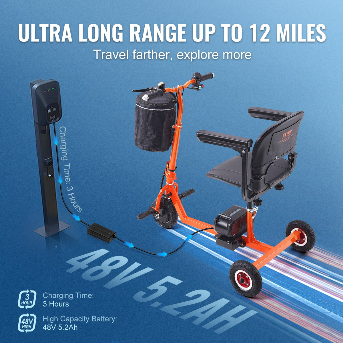 VEVOR Foldable 3 Wheel Mobility Scooter for Seniors, Portable Electric Powered Mobility Scooter with 12 Mile Long Range, All Terrain Travel Wheelchair with 48V Lithium-ion Battery, Max Support 330LBS - CXZDZXC3L9KMUIOZTV5 - view 5