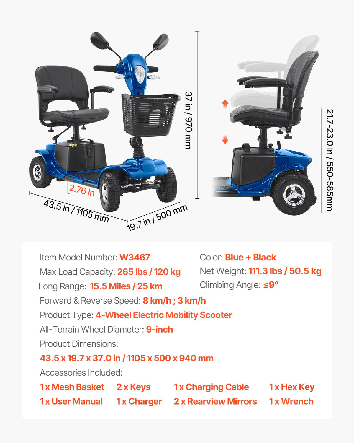VEVOR Heavy-Duty 4 Wheel Mobility Scooter for Adults & Seniors - Folding Electric Powered Mobility Scooter & 12 Mile Long Range, Travel Scooter with 9° Climbing Capacity, 265lb Capacity - CXZDZXC4L25KEBY5AV5 - view 8