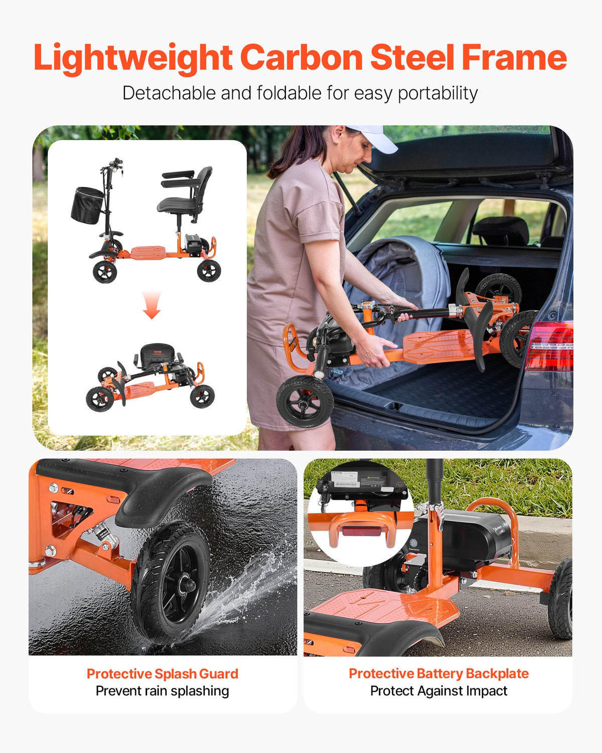 VEVOR 4-Wheel Folding Mobility Scooter for Adults & Seniors, 265LBS Loading Electric Mobility Scooter, All-Terrain Travel Wheelchair with 48V Lithium Battery, 8" Solid Tires & 8° Climbing Capacity - CXZDZXCCS4L2RVJI7001V5 - view 4