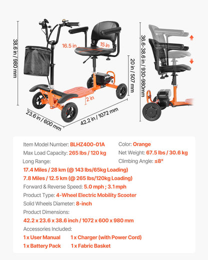 VEVOR 4-Wheel Folding Mobility Scooter for Adults & Seniors, 265LBS Loading Electric Mobility Scooter, All-Terrain Travel Wheelchair with 48V Lithium Battery, 8" Solid Tires & 8° Climbing Capacity - CXZDZXCCS4L2RVJI7001V5 - view 8