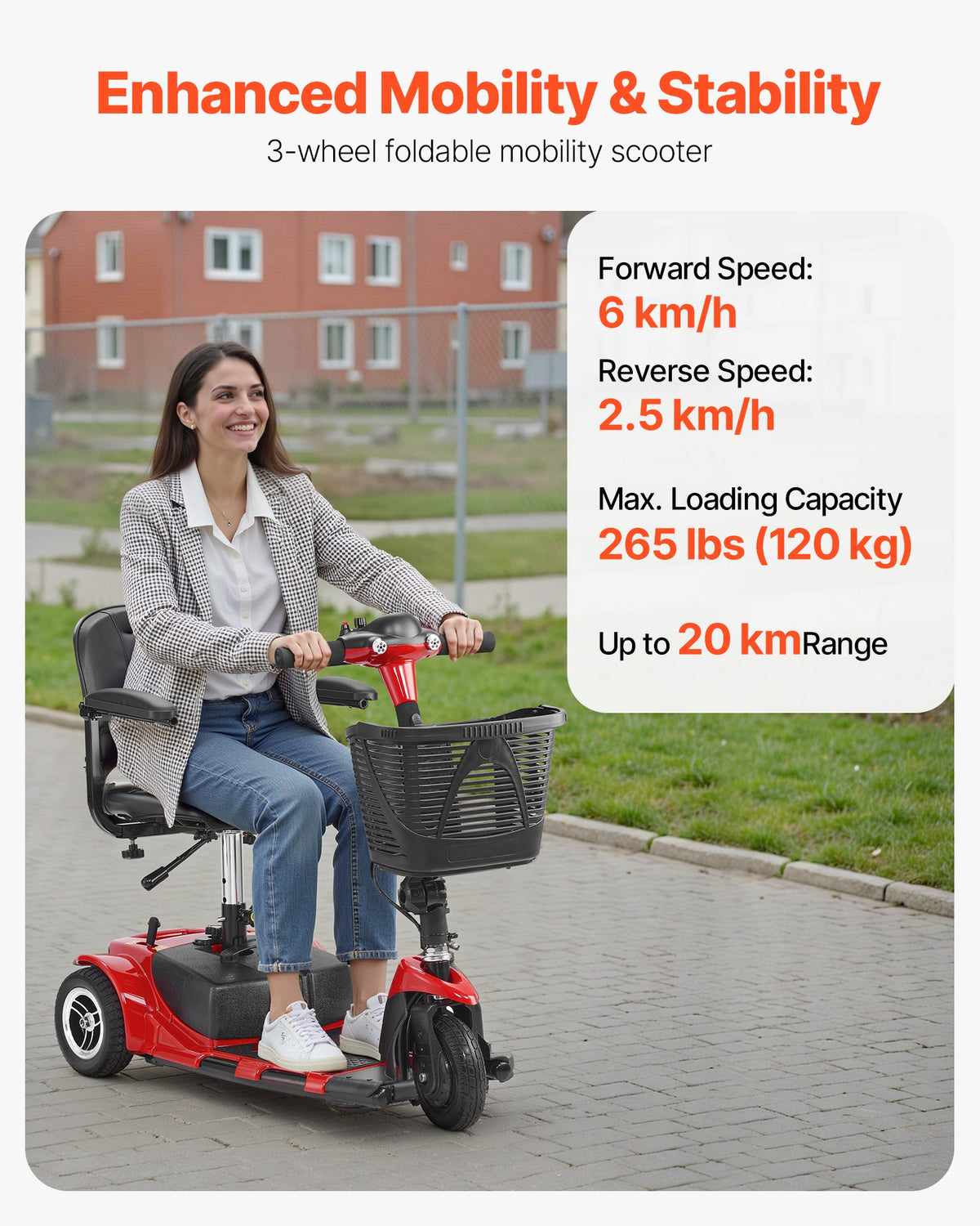 VEVOR 3 Wheel Folding Mobility Scooter for Adults & Seniors, Heavy-Duty Electric Powered Mobility Scooter & 12 Mile Long Range, All Terrain Travel Wheelchair with 9° Climbing Capacity, 265lb Capacity - CXZDZXCHS3L2EEAFHV5 - view 3