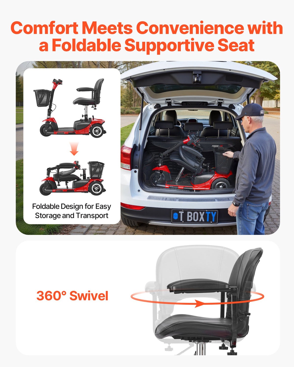 VEVOR 3 Wheel Folding Mobility Scooter for Adults & Seniors, Heavy-Duty Electric Powered Mobility Scooter & 12 Mile Long Range, All Terrain Travel Wheelchair with 9° Climbing Capacity, 265lb Capacity - CXZDZXCHS3L2EEAFHV5 - view 4