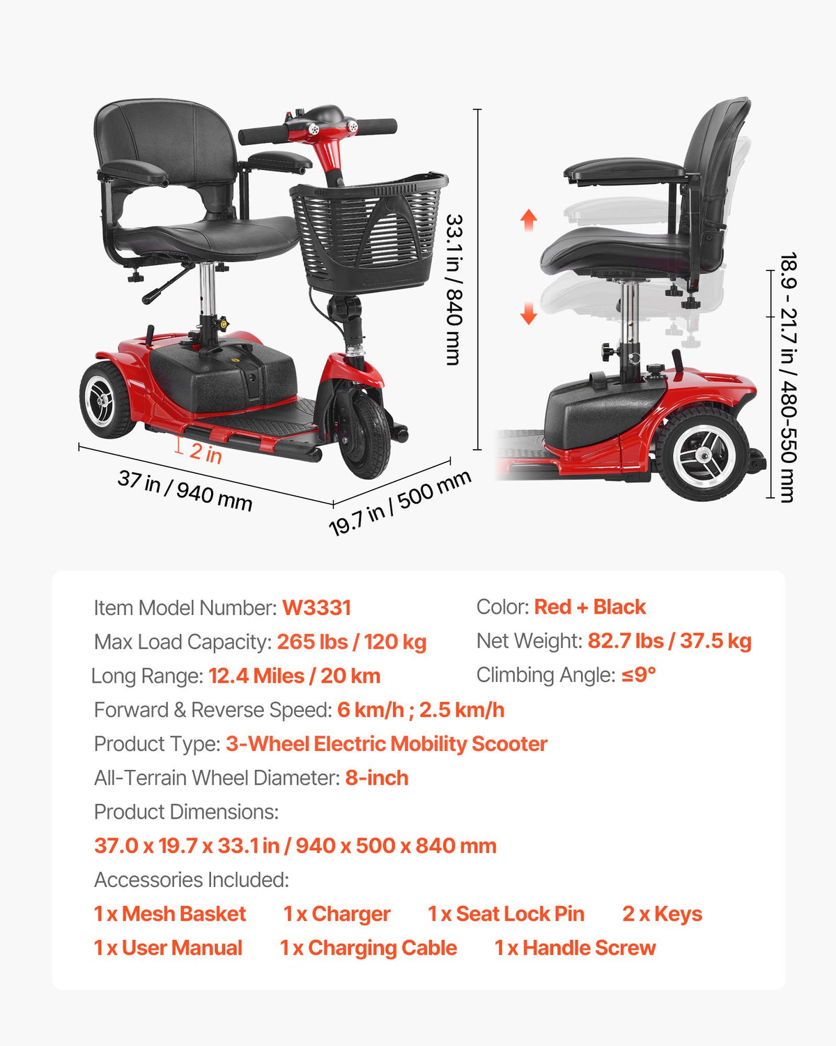 VEVOR 3 Wheel Folding Mobility Scooter for Adults & Seniors, Heavy-Duty Electric Powered Mobility Scooter & 12 Mile Long Range, All Terrain Travel Wheelchair with 9° Climbing Capacity, 265lb Capacity - CXZDZXCHS3L2EEAFHV5 - view 8
