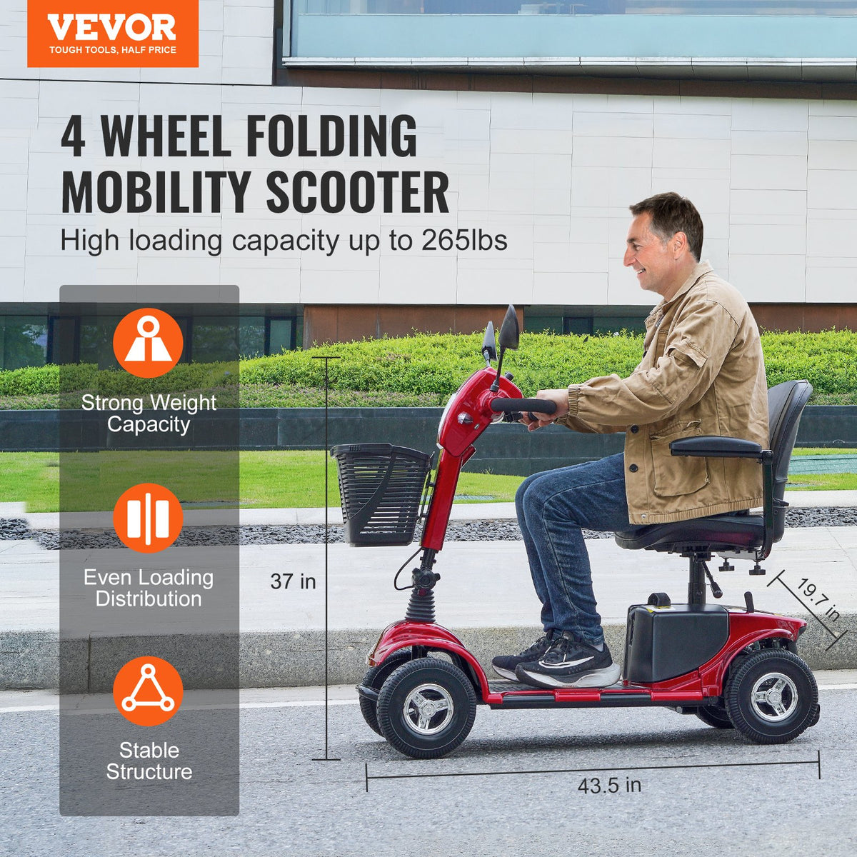 VEVOR Heavy-Duty 4 Wheel Mobility Scooter for Adults & Seniors - Folding Electric Powered Mobility Scooter & 12 Mile Long Range, All Terrain Travel Scooter with 9° Climbing Capacity, 265lb Capacity - CXZDZXCHS4L2QK74GV5 - view 3