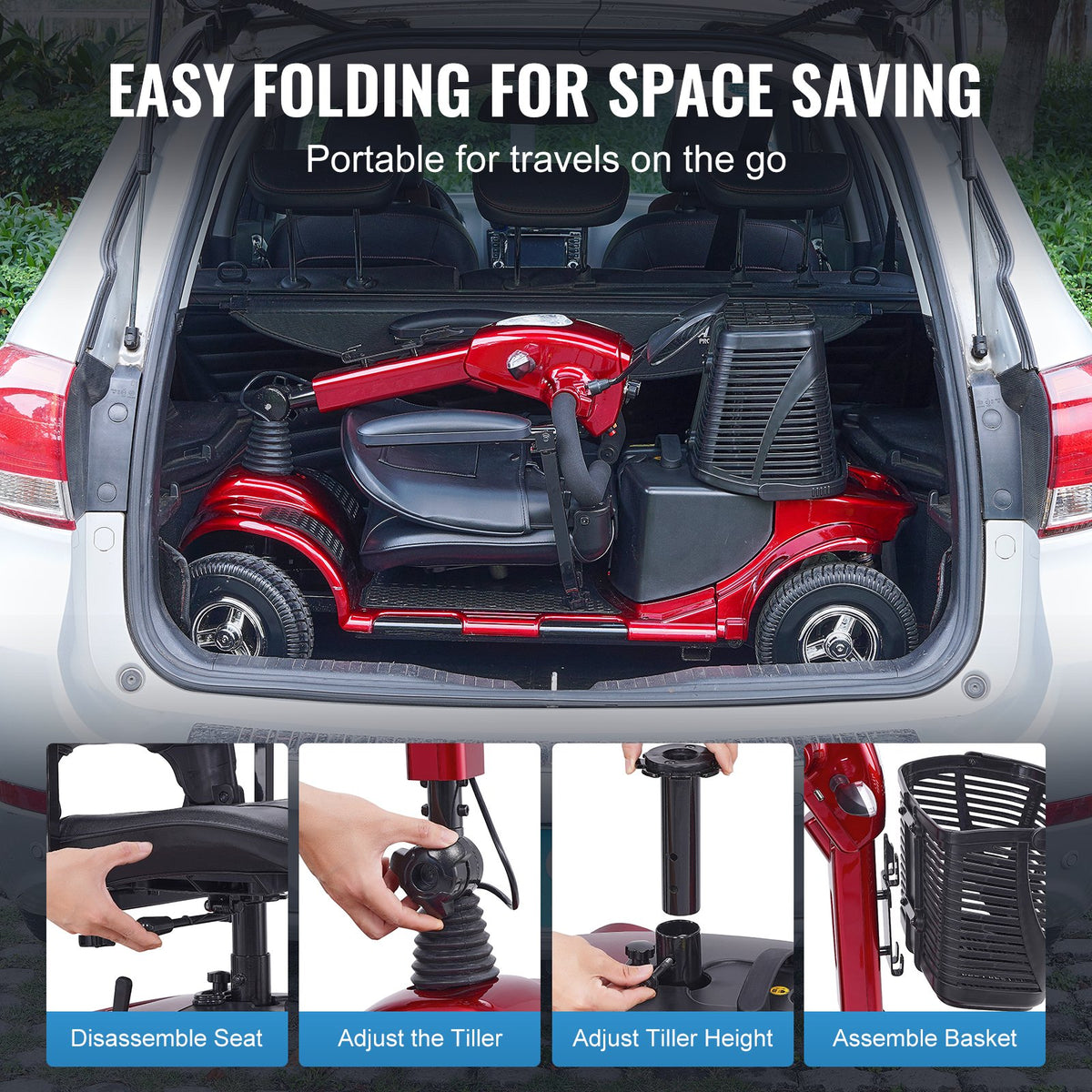 VEVOR Heavy-Duty 4 Wheel Mobility Scooter for Adults & Seniors - Folding Electric Powered Mobility Scooter & 12 Mile Long Range, All Terrain Travel Scooter with 9° Climbing Capacity, 265lb Capacity - CXZDZXCHS4L2QK74GV5 - view 4