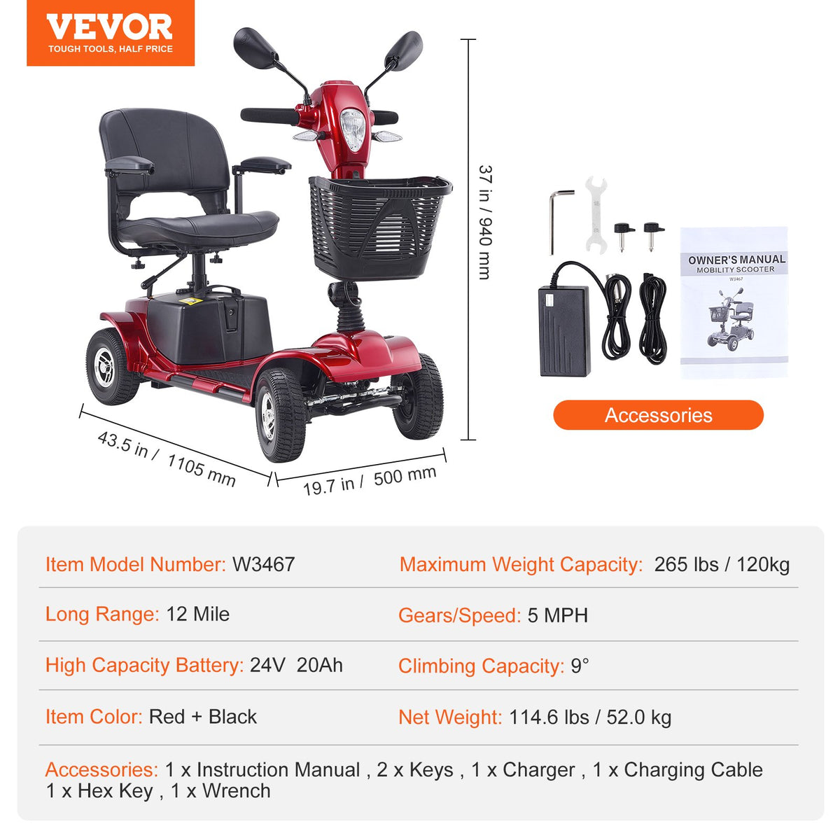 VEVOR Heavy-Duty 4 Wheel Mobility Scooter for Adults & Seniors - Folding Electric Powered Mobility Scooter & 12 Mile Long Range, All Terrain Travel Scooter with 9° Climbing Capacity, 265lb Capacity - CXZDZXCHS4L2QK74GV5 - view 8
