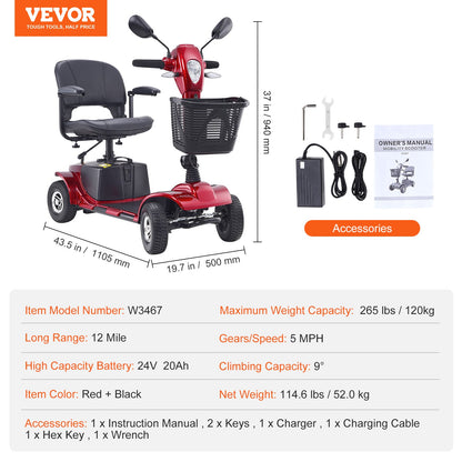 VEVOR Heavy-Duty 4 Wheel Mobility Scooter for Adults & Seniors - Folding Electric Powered Mobility Scooter & 12 Mile Long Range, All Terrain Travel Scooter with 9° Climbing Capacity, 265lb Capacity - CXZDZXCHS4L2QK74GV5 - view 8
