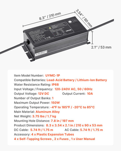 VEVOR Marine Battery Charger, 1-Bank, 10A 12V Onboard Boat Charger, IP68 Waterproof Smart On-Board Battery Charger, for Lithium-Ion (LiFePO4), NCM, Lead-Acid Batteries, Large Boat, Yacht, RV, Trailer - CYCDQ10A1FL0KO1V5001V5 - view 8