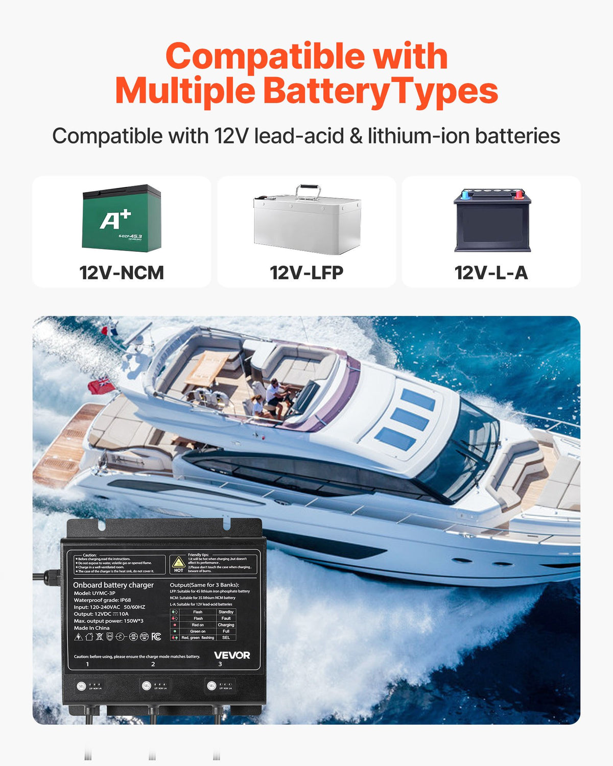 VEVOR Marine Battery Charger, 3-Bank, 10A 12V Onboard Boat Charger, IP68 Waterproof Smart On-Board Battery Charger, for Lithium-Ion (LiFePO4), NCM, Lead-Acid Batteries, Large Boat, Yacht, RV, Trailer - CYCDQ10A3FL0F2GIR001V5 - view 3