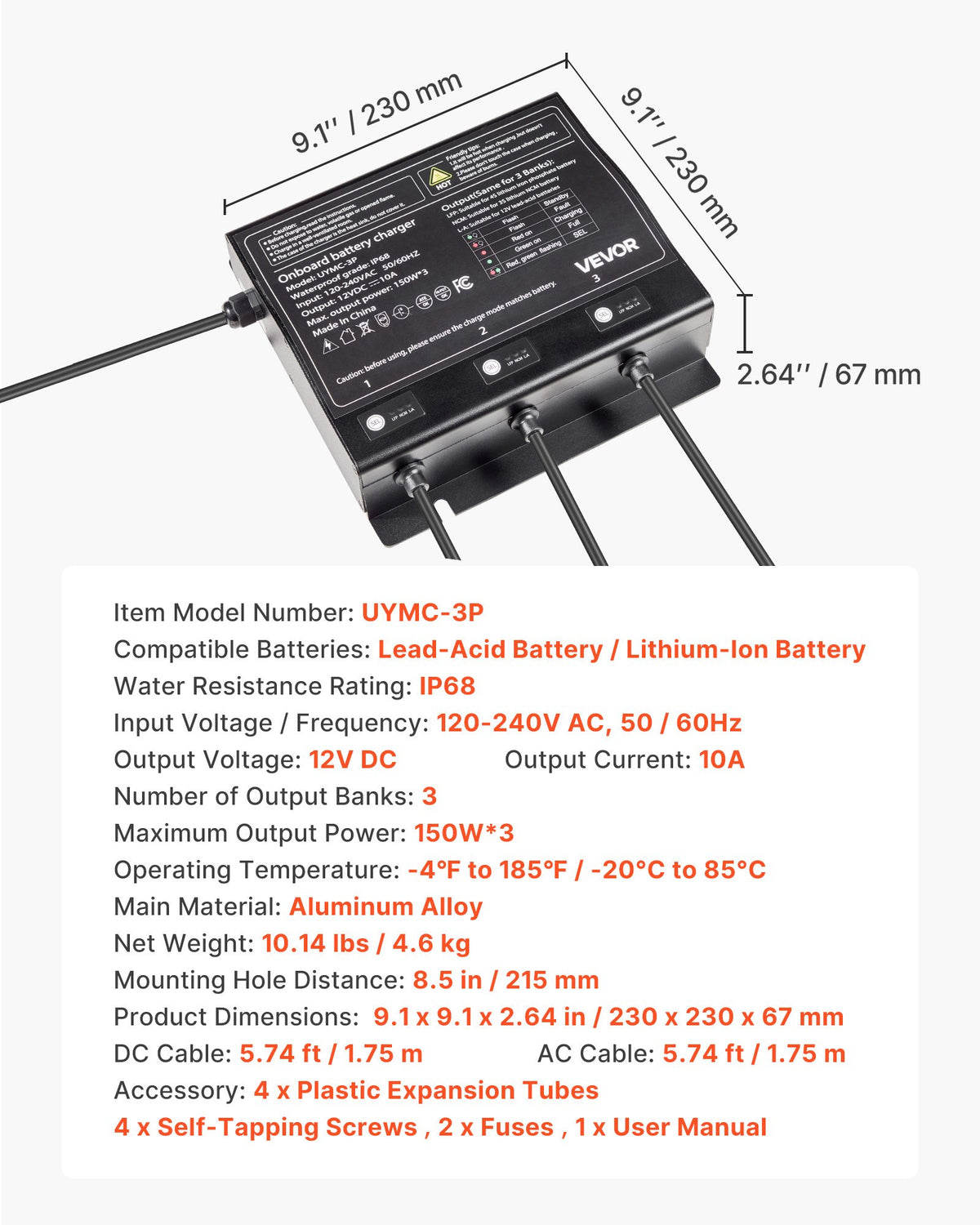 VEVOR Marine Battery Charger, 3-Bank, 10A 12V Onboard Boat Charger, IP68 Waterproof Smart On-Board Battery Charger, for Lithium-Ion (LiFePO4), NCM, Lead-Acid Batteries, Large Boat, Yacht, RV, Trailer - CYCDQ10A3FL0F2GIR001V5 - view 8