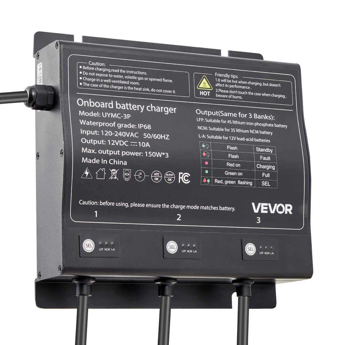 VEVOR Marine Battery Charger, 3-Bank, 10A 12V Onboard Boat Charger, IP68 Waterproof Smart On-Board Battery Charger, for Lithium-Ion (LiFePO4), NCM, Lead-Acid Batteries, Large Boat, Yacht, RV, Trailer - CYCDQ10A3FL0F2GIR001V5 - view 10