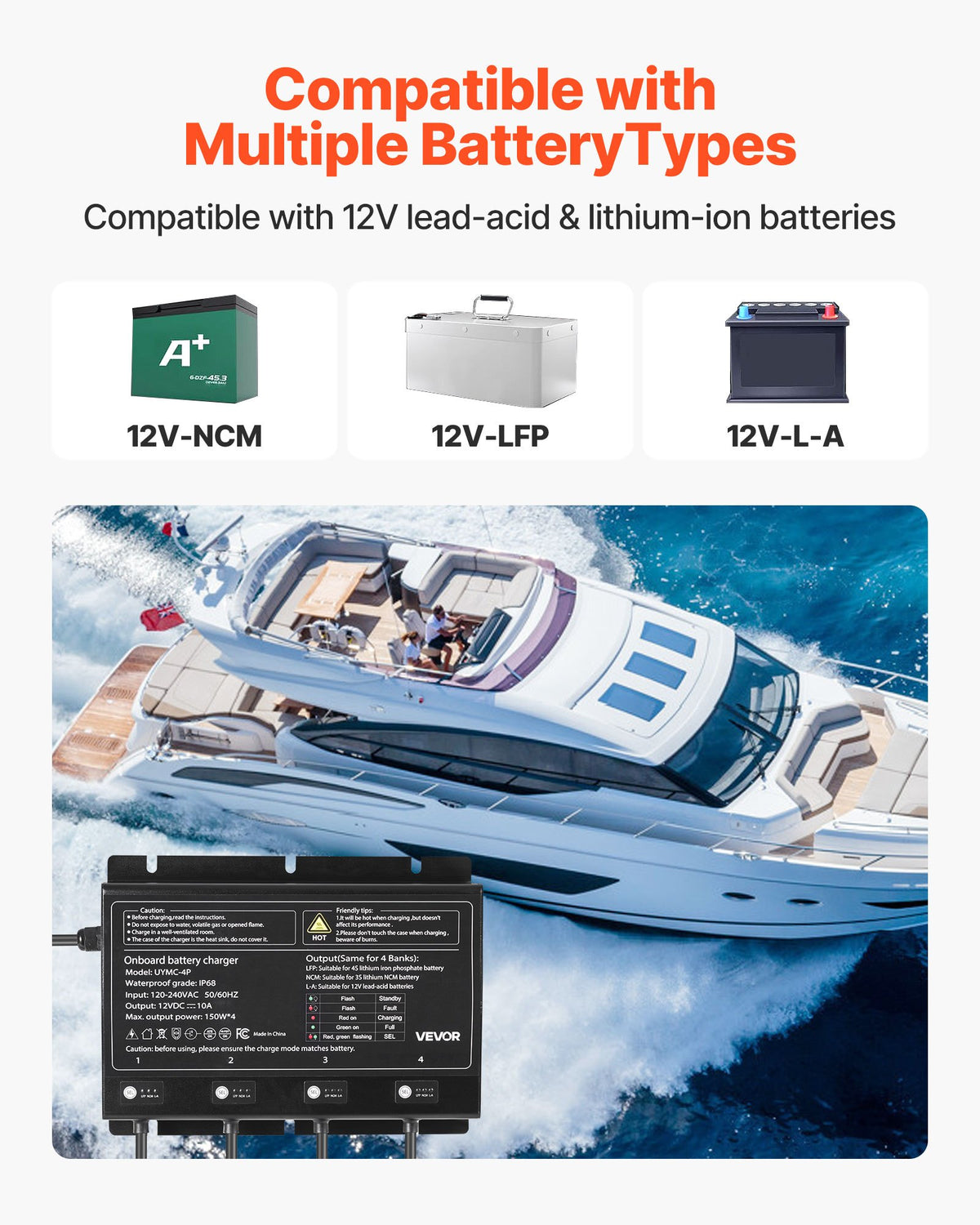 VEVOR Marine Battery Charger, 4-Bank, 10A 12V Onboard Boat Charger, IP68 Waterproof Smart On-Board Battery Charger, for Lithium-Ion (LiFePO4), NCM, Lead-Acid Batteries, Large Boat, Yacht, RV, Trailer - CYCDQ10A4FL0OT17T001V5 - view 3