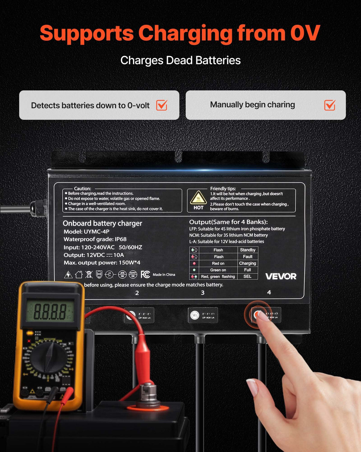 VEVOR Marine Battery Charger, 4-Bank, 10A 12V Onboard Boat Charger, IP68 Waterproof Smart On-Board Battery Charger, for Lithium-Ion (LiFePO4), NCM, Lead-Acid Batteries, Large Boat, Yacht, RV, Trailer - CYCDQ10A4FL0OT17T001V5 - view 5