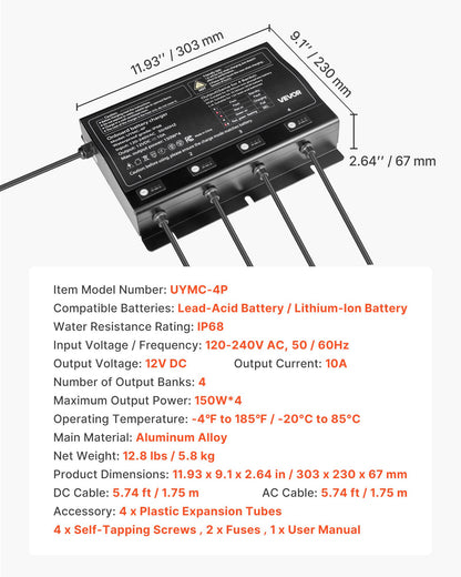 VEVOR Marine Battery Charger, 4-Bank, 10A 12V Onboard Boat Charger, IP68 Waterproof Smart On-Board Battery Charger, for Lithium-Ion (LiFePO4), NCM, Lead-Acid Batteries, Large Boat, Yacht, RV, Trailer - CYCDQ10A4FL0OT17T001V5 - view 8