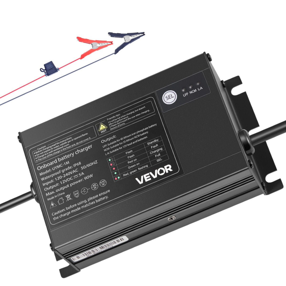 VEVOR Marine Battery Charger, 1-Bank, 5A 12V Onboard Boat Charger, IP68 Waterproof Smart On-Board Battery Charger, for Lithium-Ion (LiFePO4), NCM, Lead-Acid Batteries, Large Boat, Yacht, RV, Trailer - CYCDQ5A1FL00YMIYP001V5 - view 1