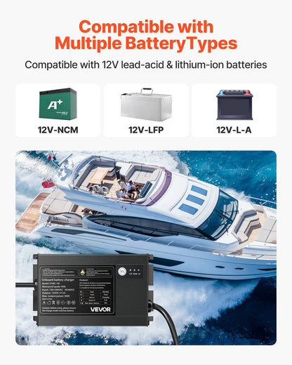 VEVOR Marine Battery Charger, 1-Bank, 5A 12V Onboard Boat Charger, IP68 Waterproof Smart On-Board Battery Charger, for Lithium-Ion (LiFePO4), NCM, Lead-Acid Batteries, Large Boat, Yacht, RV, Trailer - CYCDQ5A1FL00YMIYP001V5 - view 3